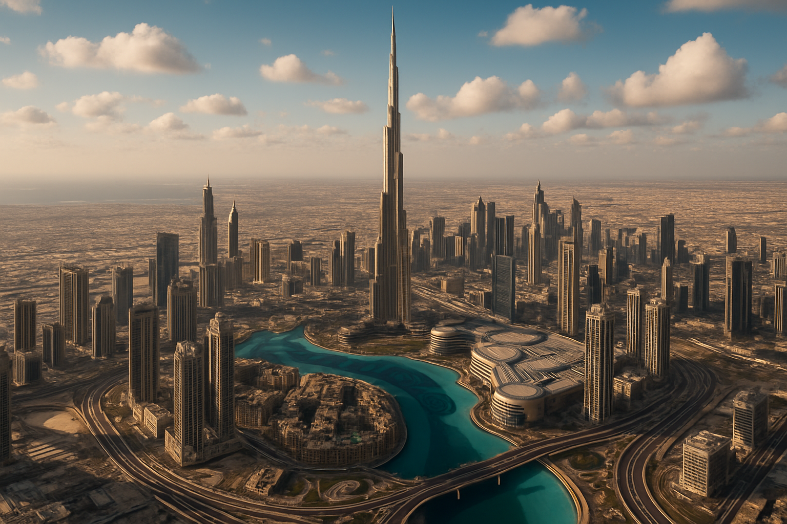 Aerial view of Dubai skyline with Burj Khalifa