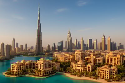 Dubai skyline featuring Burj Khalifa and luxury resorts