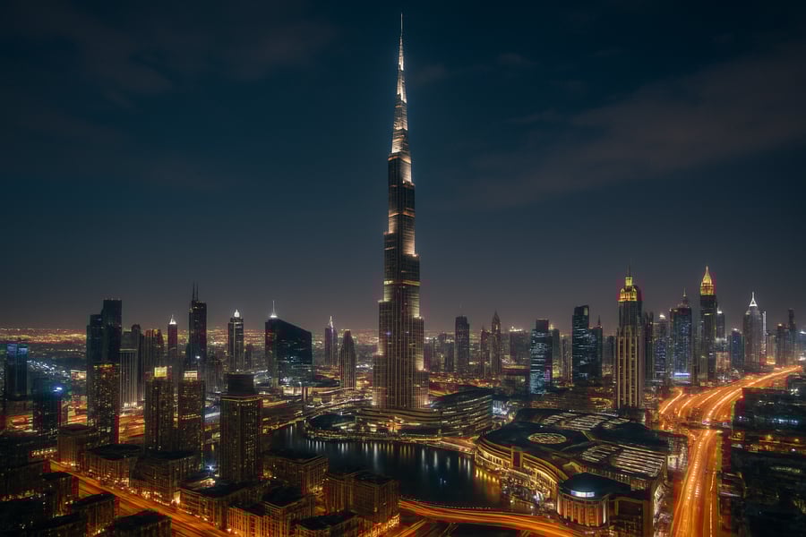Dubai skyline with Burj Khalifa and city lights